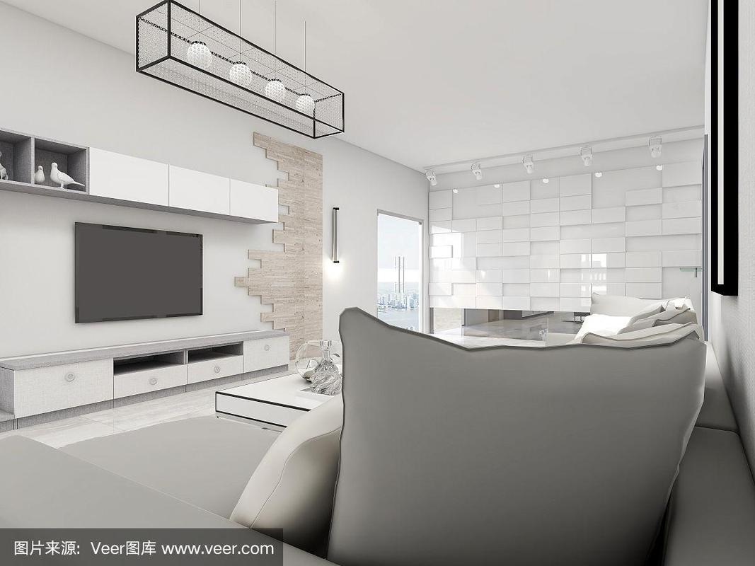 3d效果圖,現代住宅寬敞的客廳設計,配有沙發,茶幾,裝飾畫等